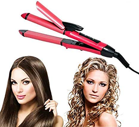 2 In 1 Hair Straightener And Curler, Professional use Women n Men with Ceramic Plate Straightener (Pink)